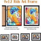 KINLINK 9x12 Kids Art Frames Set of 2, Solid Wood Kids Artwork Frames Changeable with Acrylic Front Opening Holds 150 Pictures, Art Frame for Kids Artwork with Mat or without Mat, Black