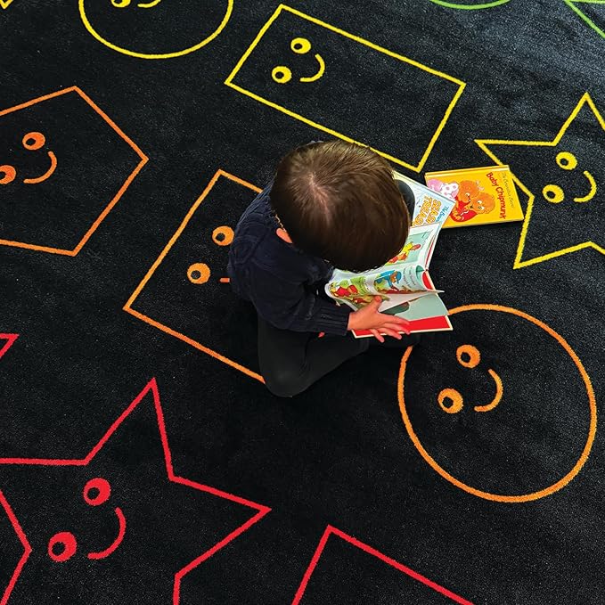 Zety - Nylon School Girl Style Classroom Rugs Elementary - 7.6x12 FT - Playroom and Toddler Rugs- Educational Smiley face Rug for Kids Room, Classroom, Daycare, and Home Learning - Black Pastel Rug