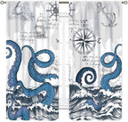 Nautical Curtains, Coastal Old Pirate Map Sailboat Compass Anchor Vintage Ocean Kraken Octopus Tentacles Blue Marine Window Drapery Treatment for Bedroom Living Room Kitchen Bathroom, 42"x63" Inch