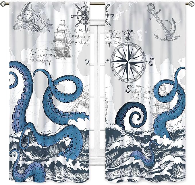 Nautical Curtains, Coastal Old Pirate Map Sailboat Compass Anchor Vintage Ocean Kraken Octopus Tentacles Blue Marine Window Drapery Treatment for Bedroom Living Room Kitchen Bathroom, 42"x45" Inch