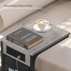 TUTOTAK C Shaped End Table with Charging Station, Side Table for Sofa, Couch Table with Storage Bag, TV Tray Table with 2 USB Ports and Outlets for Living Room, Bedroom TB01BG024