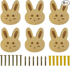 6PCS Wooden Rabbit Shaped Cabinet Knobs, Cabinet Handles, Single Hole Beech Wood Handles, Wood Hooks with Full Set of Screw Accessories
