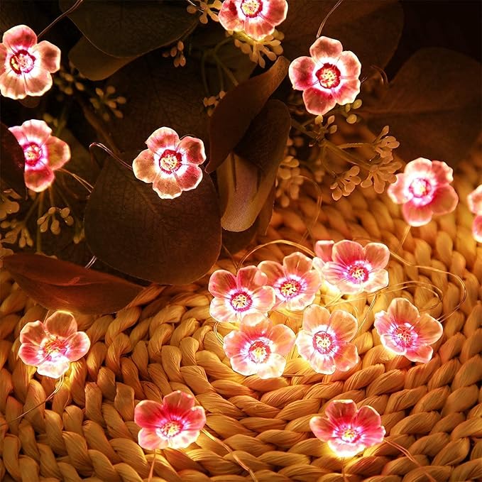 Mudder 13 FT 40 LEDs Cherry Blossom Flower String Lights for Bedroom, Pink Fairy Lights USB and Battery Operated Decorative String Light Indoor Outdoor(2 Pack)