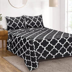 Mejoroom King Bed Sheet Set - Super Soft Brushed Microfiber 1800 Thread Count Sheets with 15 inch Deep Pocket - Wrinkle Free - 4 Piece(King, Black Quatrefoil with White Pattern)