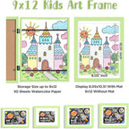 KINLINK 9x12 Kids Art Frames Set of 2, Solid Wood Kids Artwork Frames Changeable with Acrylic Front Opening Holds 150 Pictures, Art Frame for Kids Artwork with Mat or without Mat, Light Green