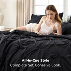 Bedsure California King Comforter Set Black - Bed in a Bag Cal King Bedding Set 7 Pieces, GentleSoft™ Pintuck Bed Set Gift for Family, Pinch Pleat Black Comforter with Sheets, Pillowcases & Shams