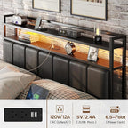 Queen Size Bed Frame with Charging Station and LED Lights, Metal Bed Frame with Headboard, Black Upholstered Headboard with 2-Tier Storage Shelves, Noise Free, No Box Spring Needed