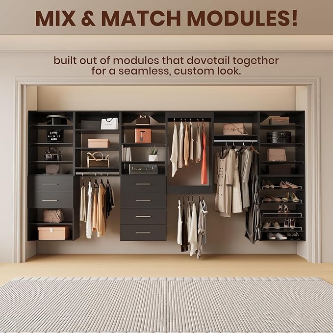 ROOMTEC 31.5" Shelf Short Tower Closet Unit, Modular Closet System with Shelf, Wardrobe Organizer for Bedroom or Walk-in Closet, Wall Mounted, Customizable Clothes Storage Unit, Black