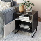 Nathan James Mina Rattan Wood End Side Accent Table Nightstand with Storage, Set of 2, Black Oak/Black
