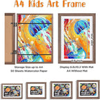 KINLINK A4 Kids Art Frames Set of 2, Solid Wood Kids Artwork Frames Changeable with Acrylic Front Opening Holds 150 Pictures 8.3x11.7, Art Frame for Kids Artwork with Mat or without Mat, Brown Wood