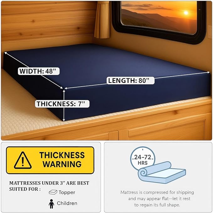 Foamma 7” x 48” x 80” Water Resistant Gel Memory Foam RV Bunk Mattress, Firm High Density Foam Base, Comfortable and Durable Polyester Cover, Truck, Camper, Travel Trailer, Made in USA!