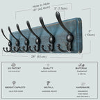 Dseap Coat Rack Wall Mounted - 24" Long 6 Tri Hooks, Heavy Duty Wooden Wall Coat Hanger Coat Hook for Clothes Hat Jacket Clothing, Weathered Blue and Black, Pack of 2