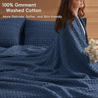 PHF 100% Cotton Waffle Weave Blanket Queen Size for Bed, Soft Lightweight & Breathable, All-Season Comfort, Luxury Aesthetic Woven Bedding for Home Decor, 90"x90", Blue Sapphire