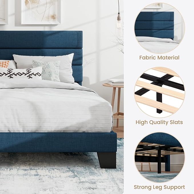 SHA CERLIN Full Platform Bed Frame with Upholstered Fabric Headboard, Mattress Foundation with Strong Wooden Slats Support, No Box Spring Needed, Blue