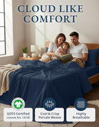 LANE LINEN 100% Organic Cotton Sheets Twin Size, Mercerized Cotton Fully Elasticized Soft & Comfy Bedding Sheets & Pillowcase Set, Good for Dorm Room, Deep Pocket Fully Elasticized Sheet- Navy