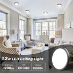 2PACK Flush Mount LED Ceiling Light Fixture - Black, 6.5Inch 12Watt, Dimmable & 3000K-4000K-6500K 3 Color Selectable Ceiling Lamp - 1200LM Low Profile Light for Kitchen, Bedroom, Hallway, Porch