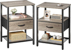 Huuger Nightstand Set of 2, Night Stand with Fabric Drawer, Mesh Shelf, Side Table with Storage, Fabric Drawer Dresser, Open Shelf, Metal Frame, Bedroom, Oak