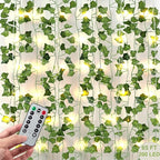 JACKYLED 84Ft 12 Pcs Artificial Ivy Garland Fake Vines with 65ft 200 LED String Lights and Remote Control Faux Hanging Leaves