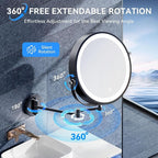 10'' 30X/1X Wall Mounted Lighted Makeup Mirror, 5000mAh Rechargeable Double-Sided Magnifying Mirror with Light, LED Vanity Mirror Touch Dimmable 3 Colors 360° Rotation Extended Foldable Arm, Black