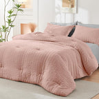 HYMOKEGE Rose Gold/Light Grey Twin Comforter Set Seersucker 5 Pieces, All Season Luxury Bed in a Bag for Bedroom, Bedding Set with Comforter, Sheets, Pillowcase & Sham