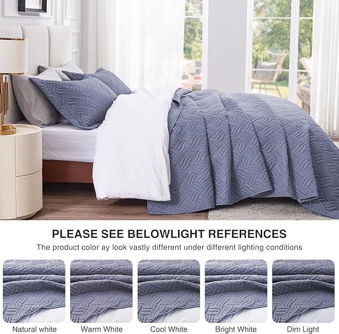 Love's cabin Twin Quilt Bedding Set Bluish Grey Bedspreads - Soft Bed Summer Lightweight Bedspread Comforter - Wave Pattern Bedding Coverlet for All Season - 2 Pieces (1 Quilt, 1 Pillow Sham)