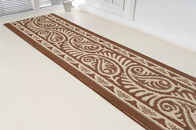 Custom Length Cut to Size Tribal Ethnic Southwestern Inspired Hallway Runner Rug, Non Slip Rubber Backed, 31 inch Wide X Customized Length, Mayan Brown, 31 inch X 20 feet
