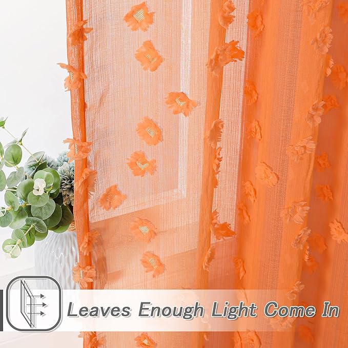 MYSKY HOME Pom Pom Orange Sheer Curtains for Bedroom Girls Room Curtains 84 Inches Long for Nursery Kids Light Filtering Boho Window Drapes, Rod Pocket, 38" Wide, 2 Panels