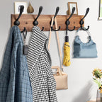 Coat Rack Wall Mount Wooden Hat Rack for Wall Hooks Pine Real Wood Plank 16.9" Brown Coat Hanger with 5 Triple Hooks for Hanging Coat Hat Jacket