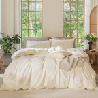 MooMee Bedding Duvet Cover Set 100% Washed Cotton Linen Like Textured Breathable Durable Soft Comfy (Solid Cream White, Queen 90"x90")