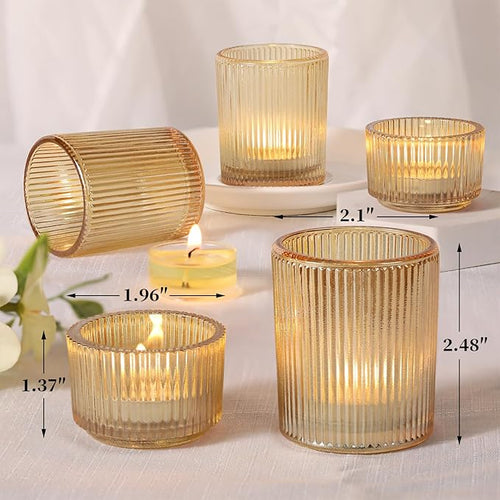 10pcs Ribbed Gold Votive Candle Holders, Assorted Glass Tea Light Candle Holders for Wedding Centerpieces, Brithday, Party and Holiday Decorations