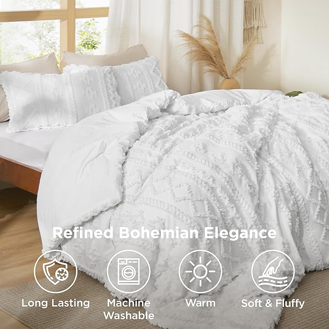 Bedsure Tufted Boho Comforter Set Oversized Queen - Bright White Boho Bed Set, GentleSoft™ 3 Pieces Farmhouse Shabby Chic Embroidery Bedding, Gifts for Woman, Soft Jacquard Comforter for All Seasons