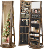 SONGMICS 360° Swivel Jewelry Cabinet, Lockable Jewelry Organizer with Full-Length Mirror, Rear Storage Shelves, Interior Mirror, Jewelry Armoire, Christmas Gifts for Women, Rustic Brown UJJC006X01