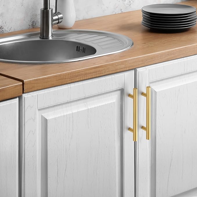 JOY DECOR 10 Pack Cabinet Handles, Gold Cabinet Pulls, 4 in Hole Center Kitchen Cabinet Handles, Stainless Steel T Bar Handles for Dresser Drawers