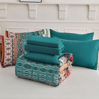 Cottolester Boho Full Size Comforter Set 8 Pieces,Green and Brown Bohemian Striped Bed in a Bag,Floral Soft Microfiber Bedding Comforter Set