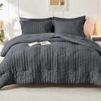 HYMOKEGE Twin Comforter Set Seersucker 5 Pieces, All Season Luxury Bed in a Bag for Bedroom, Bedding Set with Comforters, Sheets, Pillowcase & Sham, Dark Grey