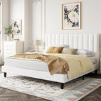 Allewie King Bed Frame/Velvet Upholstered Bed Frame with Vertical Channel Tufted Headboard/Strong Wooden Slats/Platform Bed Frame/Mattress Foundation/Box Spring Optional/Easy Assembly/White