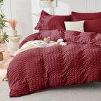 HYMOKEGE Burgundy Twin Comforter Set Seersucker 5 Pieces, All Season Luxury Bed in a Bag for Bedroom, Bedding Set with Comforters, Sheets, Pillowcase & Sham