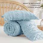 Bedsure Tufted Boho Comforter Set King Size - Dusty Blue Boho Bed Set, GentleSoft™ 3 Pieces Farmhouse Shabby Chic Embroidery Bedding, Gifts for Woman, Soft Jacquard King Comforter for All Seasons