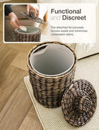 2 Gallons Wicker Waste Basket - Water Hyacinth Bathroom Trash Can - Garbage Can with Lid Boho Style - Wicker Trash Can with Lid for Bedroom, Kitchen - Removable Liner, Handwoven (Black Color)
