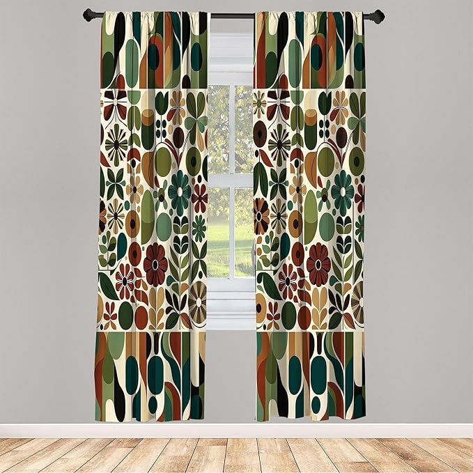 Ambesonne Scandinavian Window Curtains, Abstract Geometric Art of Leaves and Flowers with Bohemian Feel, Lightweight Decor 2-Panel Set with Rod Pocket, Pair of - 28" x 84", Olive Green Redwood Beige