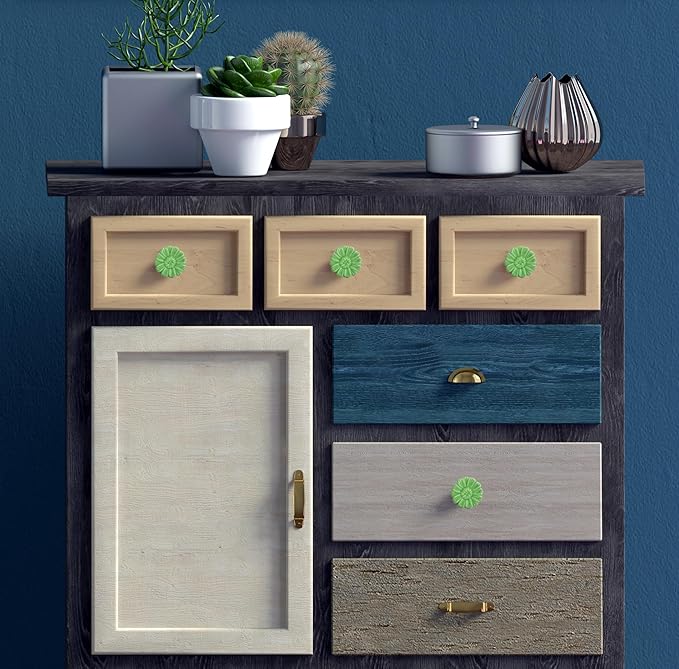 6PCS Vintage Floral Daisy Ceramic Dresser Drawer Knobs Elegant Cabinet Cupboard Door Hardware Pull Handles w/Screws Green