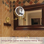 Make up Mirror Wall Mounted Lighted 10X Magnifying Hard Wired, Double Sides 3 Color Lighting Touch Dimming, 360 Swivel Extended Arm Shaving Light up Mirror for Bathroom, Antique Brass