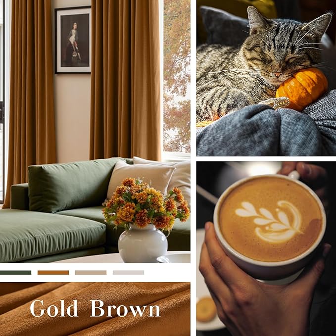 Lazzzy Gold Velvet Curtains Blackout Curtain Thermal Insulated Curtains for Bedroom Living Room Darkening Super Soft Luxury Drapes Sondproof Privacy Set of 2 Panels 52 by 90 Inch Gold Brown
