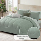 Monbix King Size Comforter Set - 7 Pieces Bed in a Bag King, Sage Green Track Stitching Bedding Sets, All Seasons Down Alternative Bed Set with Sheets, Pillowcases & Shams