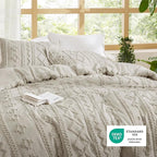 Bedsure Tufted Boho Comforter Set Oversized King - Linen Boho Bed Set, GentleSoft™ 3 Pieces Farmhouse Shabby Chic Embroidery Bedding, Gifts for Woman, Soft Jacquard Comforter for All Seasons
