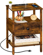 Lerliuo Nightstand with Charging Station and USB Ports, 3-Tier Storage End Table with Drawer Shelf, Night Stand for Small Spaces, Wood Bedside Table for Living Room, Bedroom - Retro Brown…