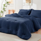 HYMOKEGE Navy Blue Oversized Queen Comforter Set Seersucker 7 Pieces, All Season Luxury Bed in a Bag for Bedroom, Bedding Set with Comforter, Sheets, Pillowcases & Shams