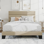 SHA CERLIN Queen Platform Bed Frame with Upholstered Fabric Headboard, Mattress Foundation with Strong Wooden Slats Support, No Box Spring Needed, Beige