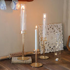 Hurricane Candle Holders Set of 3 Metal Candlestick Holder for Glass Taper Tall Candle Holders with Crystal Chimney Tube Candles Stands for Home Decor, Christmas, Dinning (3, Gold)