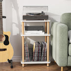 Apicizon 3 Tier Nightstand, End Table with Storage Shelf, Wooden Vinyl Record, Farmhouse Bedside Table for Small Spaces, Bedroom, Living Room, Easy Assembly, White+Natural